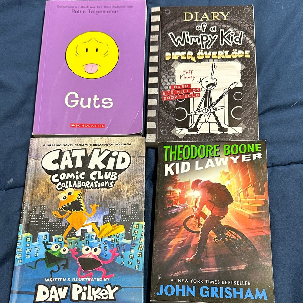 Kids Book Set - Guts, Diary of a Wimpy Kid, Cat Kid Comic Club, Theodore Boone